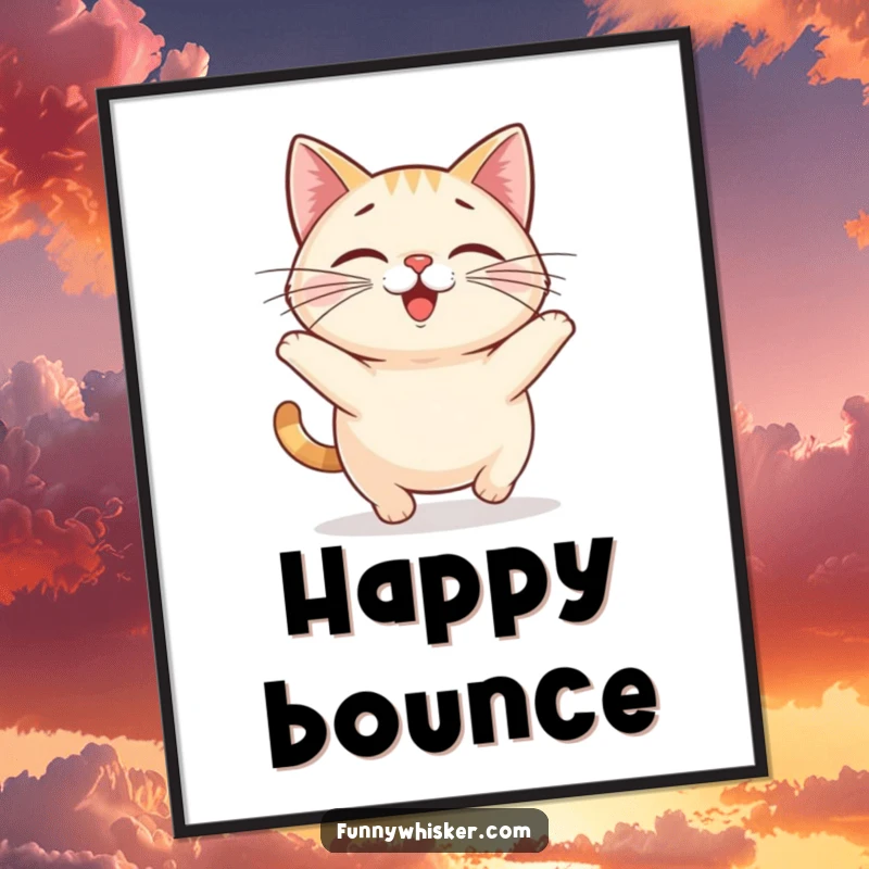 Funny cat poster featuring a small, round cat with exaggerated whiskers performing a joyful little bounce, full of cheer.