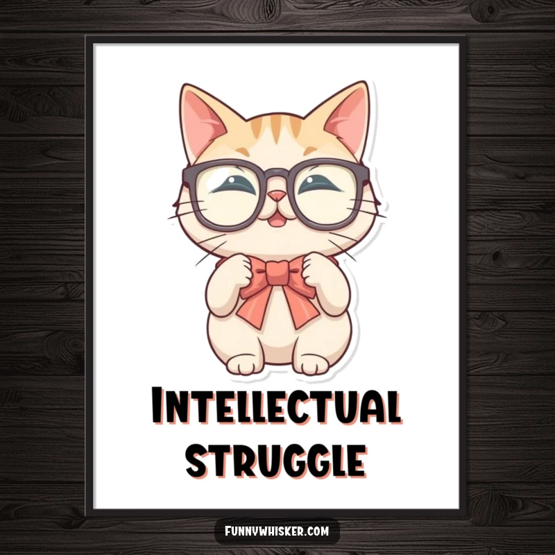 Funny art print of a cat in oversized glasses struggling to tie a bow tie with its whiskers, whimsical decor.