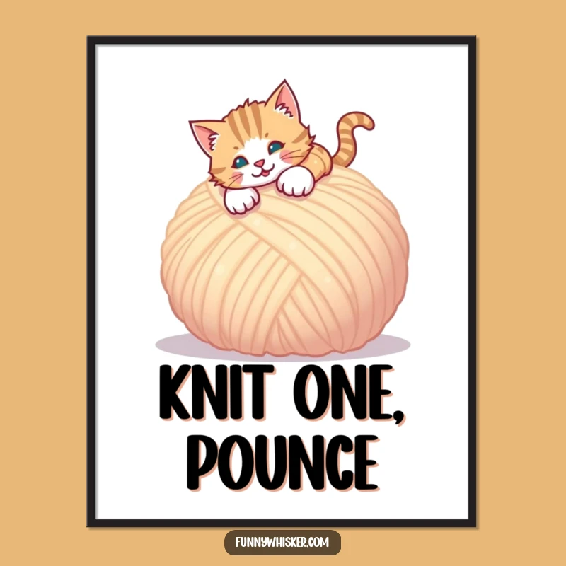 Funny Pouncing Cat Poster - Playful Yarn Art, Gift for Cat Lovers