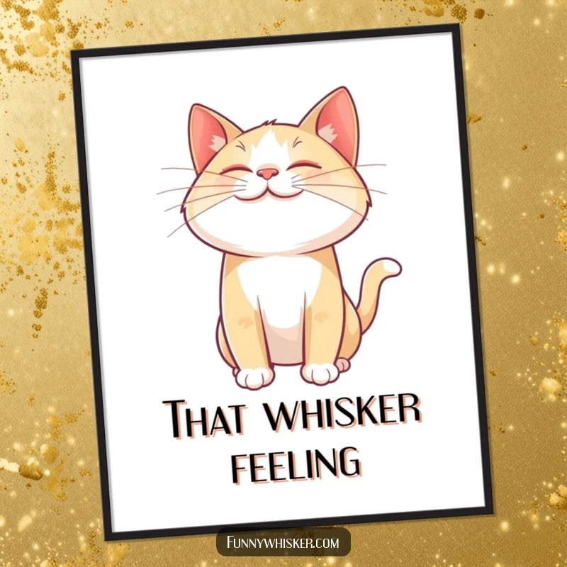 Funny cat poster with a giant, joyful whisker twitching mid-air, a charming and humorous piece of feline art for any room.