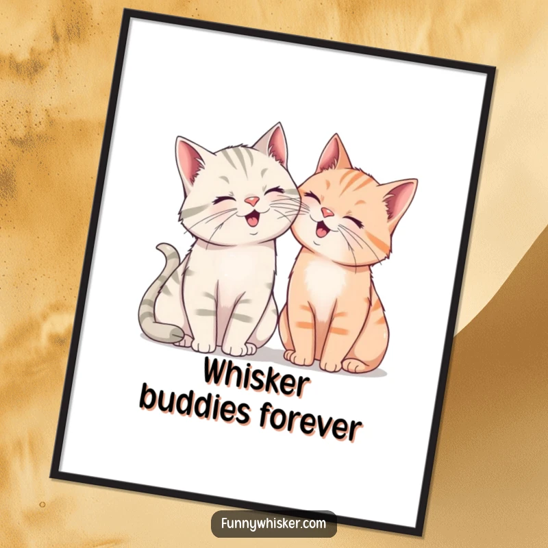 Funny poster of two cats with exaggerated whiskers leaning in, caught in the act of sharing a silent, contagious giggle.