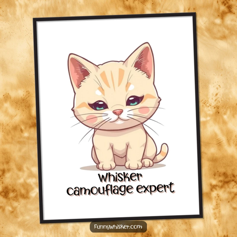 Funny Cat Poster: A shy cat tries to conceal itself behind its single, oversized whisker, humorous wall art.