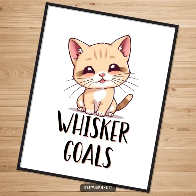 Funny cat poster featuring a tiny cat character playfully batting at its own exaggeratedly long whiskers, full of whimsy.