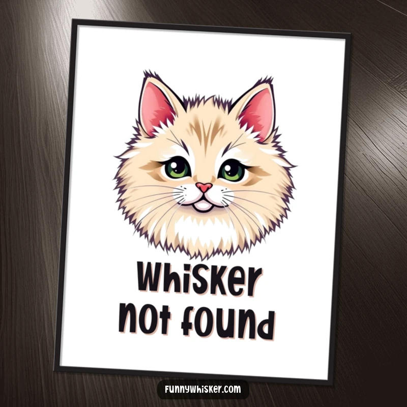 Funny poster: A tiny cat face peeking out from a voluminous, fluffy whisker tuft, creating a humorous and cute visual, a great funny gift.