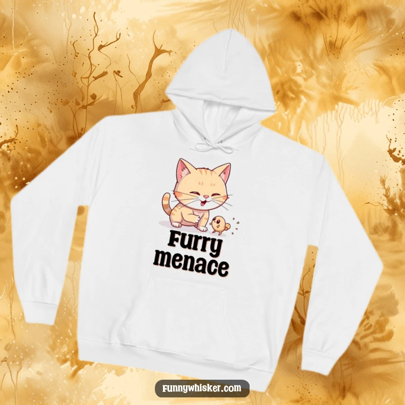 Funny hoodie featuring a cat character with exaggerated, wiggling whiskers, hunting a small animated dust bunny, great for warmth.