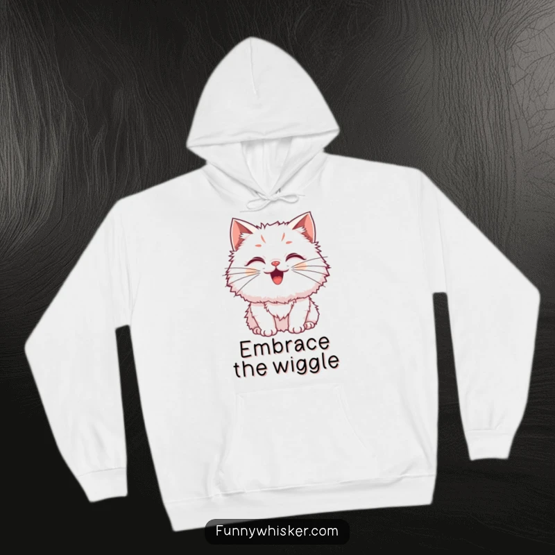 Funny Cat Hoodie showing a fluffy cat with exaggerated, wiggling whiskers, combining warmth and feline excitement, excellent gift.