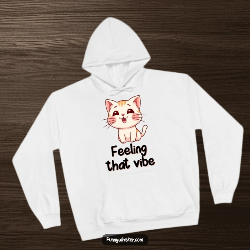 Funny hoodie showcasing a small cat character wiggling its long whiskers in sheer excitement, perfect for cozy cat lovers.