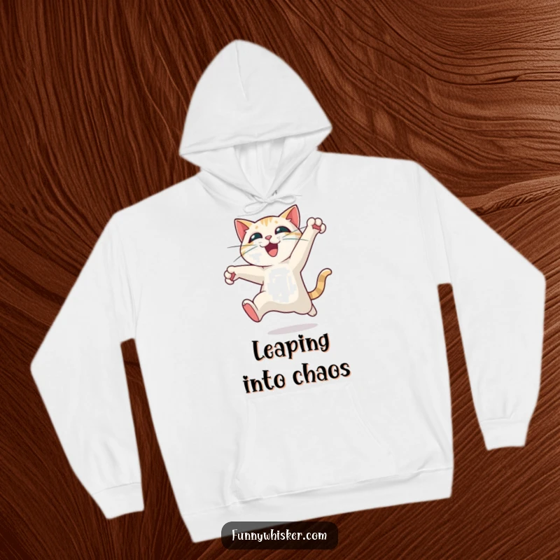 Funny cat hoodie showing a character leaping dramatically, whiskers spread wide in exhilarating motion, a cozy and humorous statement piece.