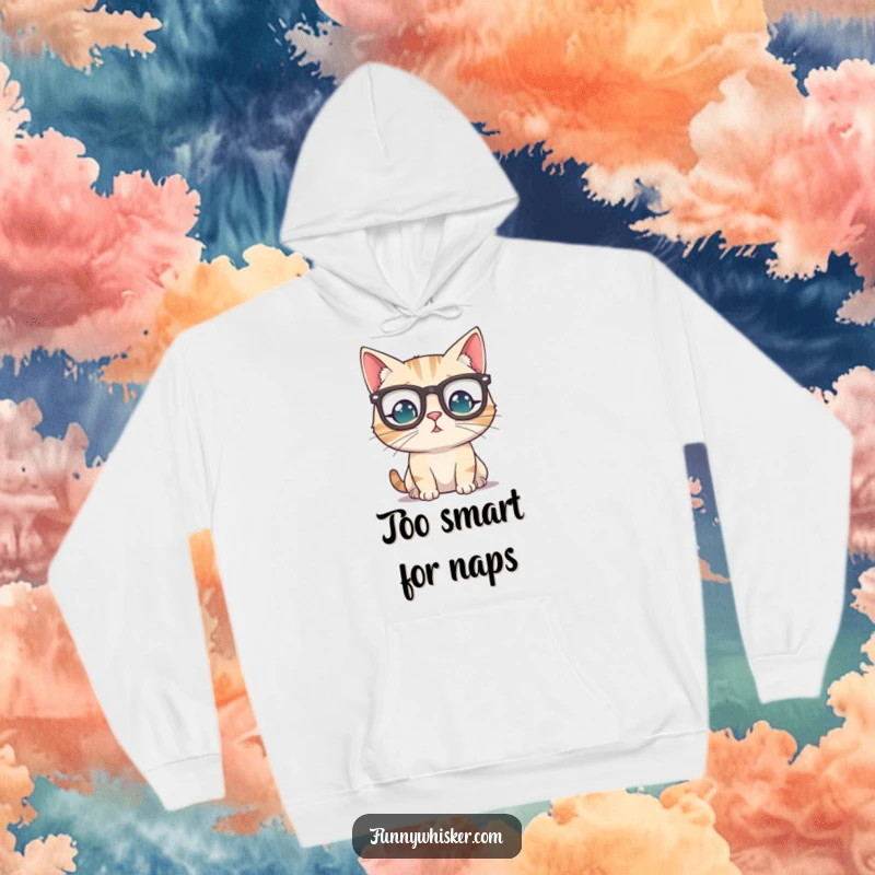 Funny cat wearing tiny spectacles perched precariously on its whiskers, looking cozy and intellectual on a warm hoodie.