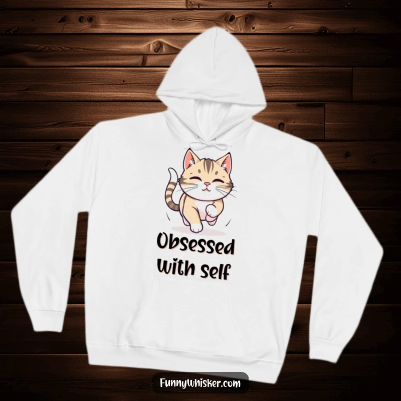Funny hoodie illustrating a cat intently chasing its tail, whiskers a blur of motion, embodying focused, playful energy.
