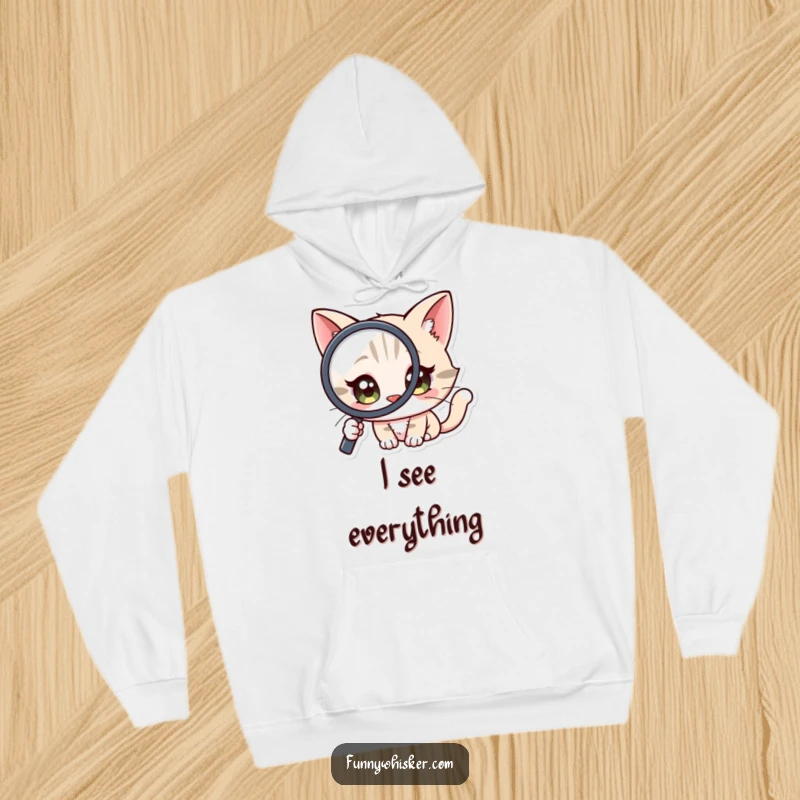 Funny Hoodie: A cat character with wide, curious eyes intensely peering through a magnifying glass.