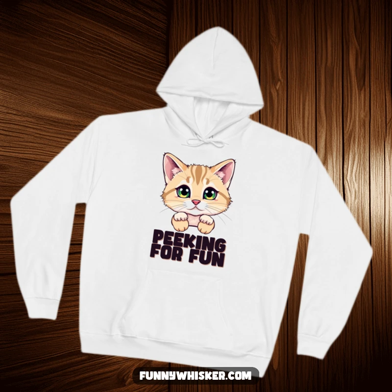 Funny hoodie showing a cat peeking from behind large, fluffy whiskers, with sparkling eyes, offering warmth and a touch of playful mystery.