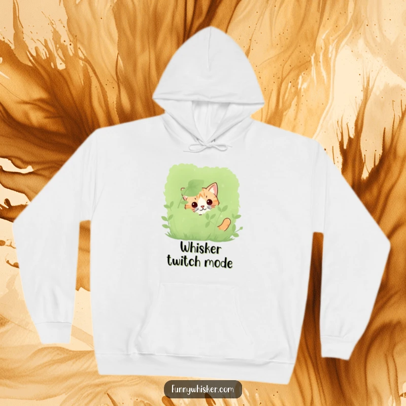 Funny cat hoodie showing only twitching whiskers peeking from a bush, ideal for cozy wear and subtle humor.