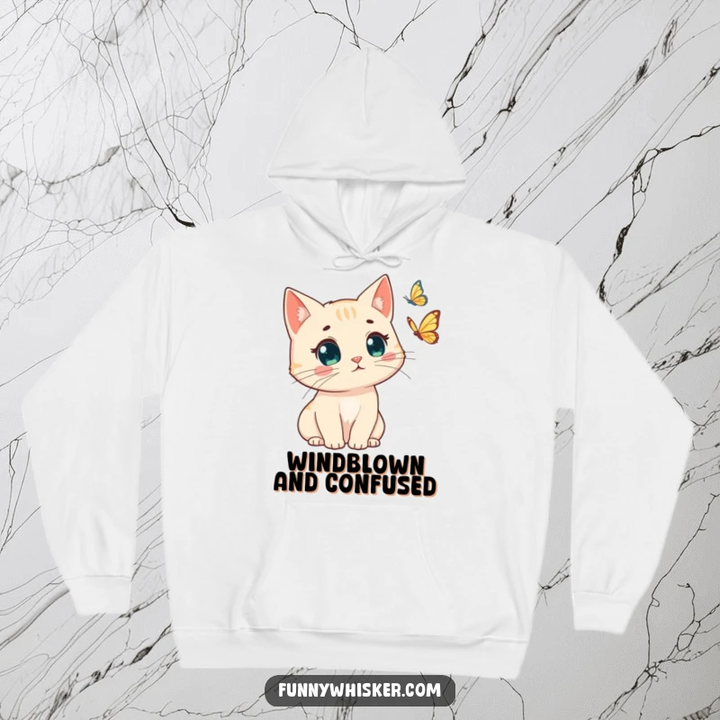 Funny hoodie featuring a cat with windswept whiskers, looking surprised at a butterfly. Cozy and humorous, a great funny gift.
