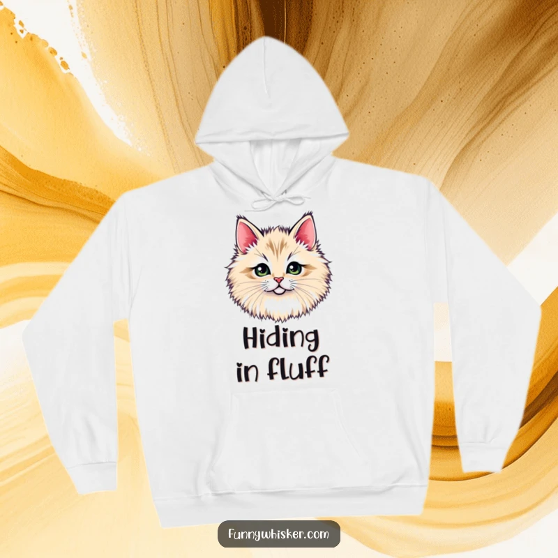 Funny hoodie: A tiny cat face peeking out from behind a massive, fluffy whisker tuft, creating a humorous and cozy scene, a funny gift.