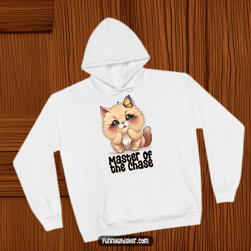 Funny Hoodie featuring a fluffy cat with oversized whiskers playfully batting at a dancing butterfly, cozy and cute.
