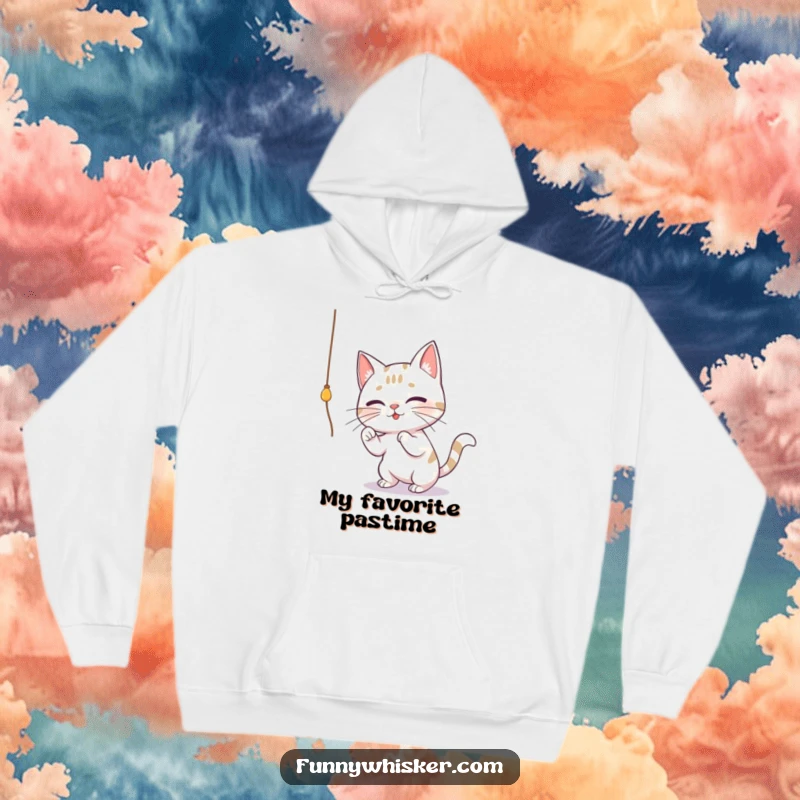 Funny hoodie depicting a cat with exaggerated whiskers intensely batting at a dangling string, perfect for cozying up with a touch of humor.