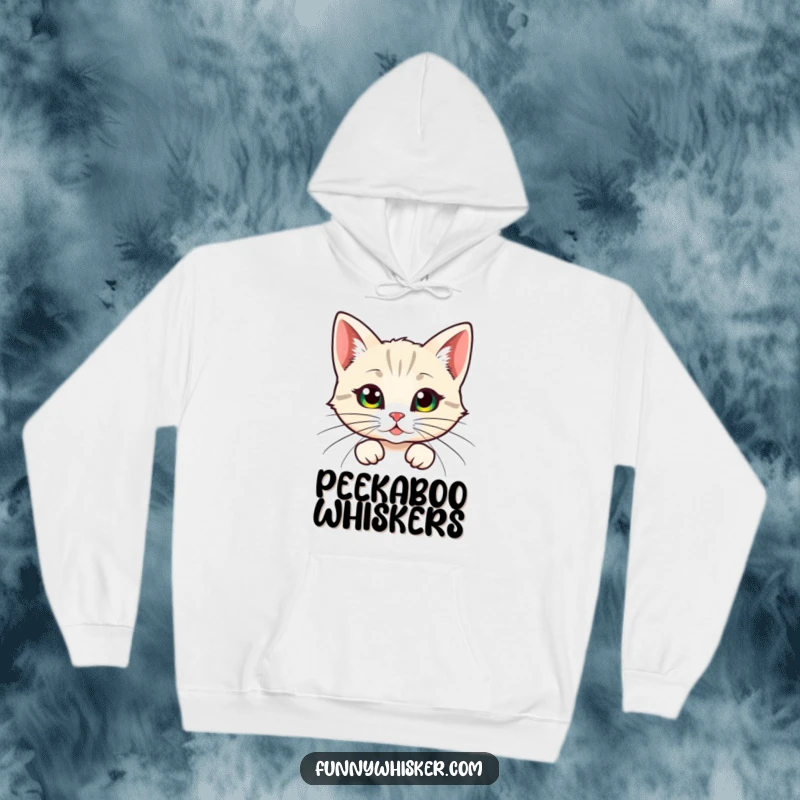 Funny hoodie, a cat character humorously peeking from behind large, feathery whiskers, offering warmth and a playful, secretive look.