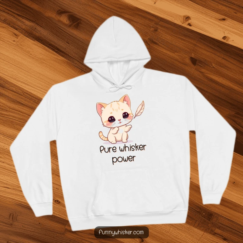 Funny Cat Hoodie: A small cat with exaggerated whiskers playfully attacking a feather, designed for laughter and comfort.
