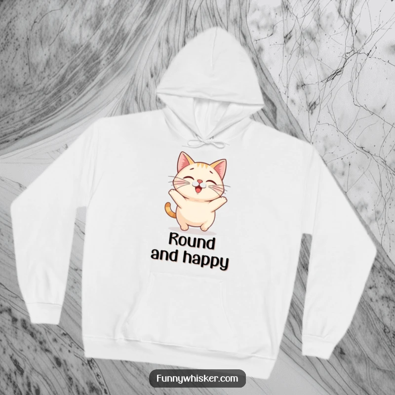 Funny cat hoodie showing a small, round cat with oversized whiskers doing a happy bounce, perfect for cozying up.