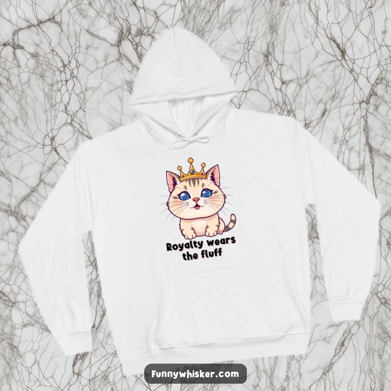 Funny hoodie depicting a cat with a large, fluffy whisker crown, looking both grand and utterly ridiculous, super cozy.