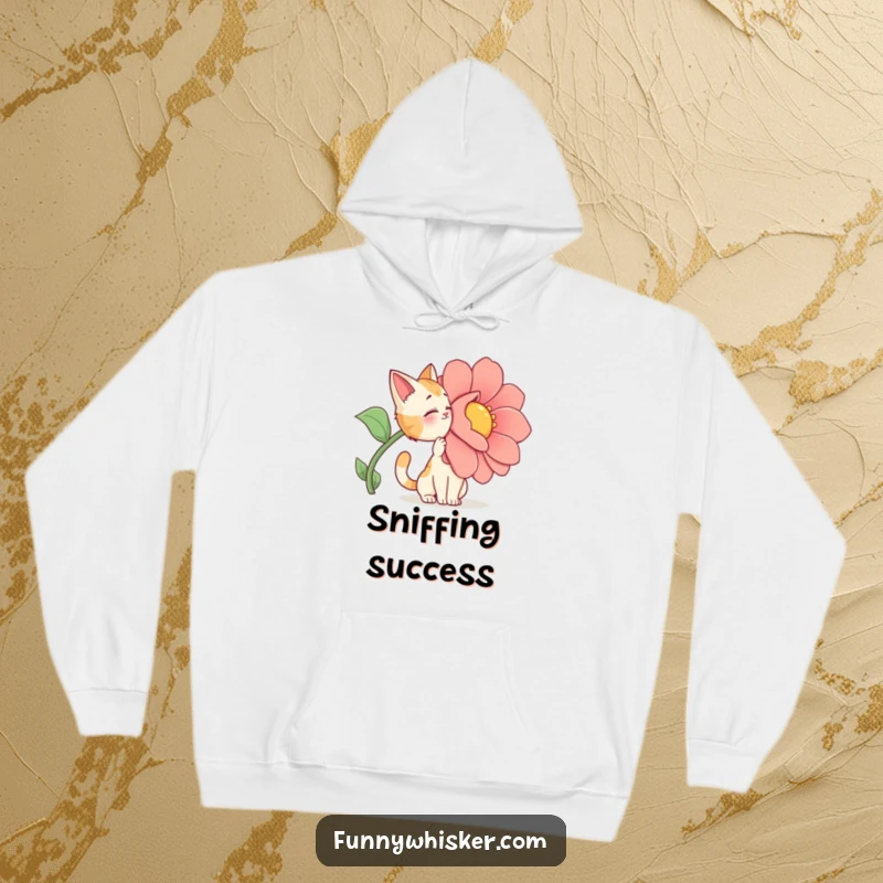 Funny Hoodie: A cat character performing a dramatic sniff of a giant, cartoonish flower.