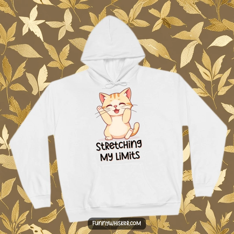 Funny hoodie featuring a cat in a full stretch pose, with exaggeratedly long whiskers, radiating silliness.