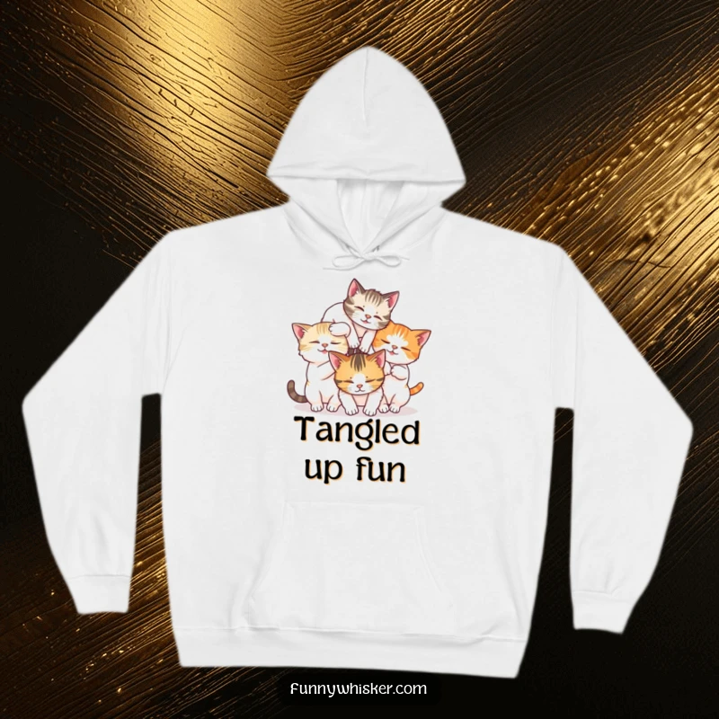 Funny hoodie showing three cats in a playful tumble, their whiskers intertwined in a humorous tangle.