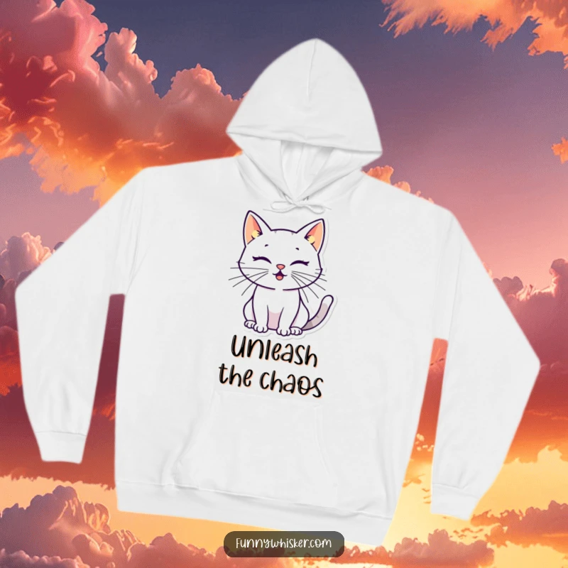 Funny cat hoodie featuring a stylized silhouette with oversized, energetic whiskers, offering warmth and humorous feline charm.