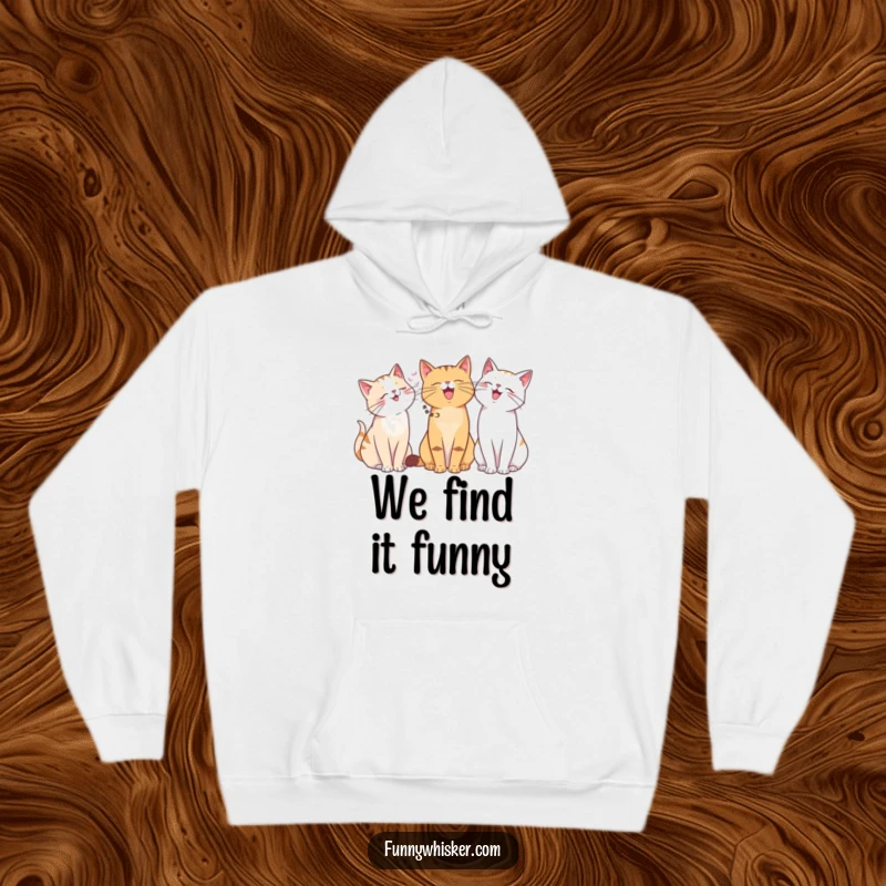 Funny hoodie with a group of cats with different whisker lengths sharing a giggle. Cozy and humorous, a perfect funny gift.