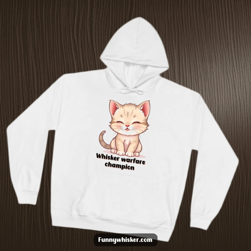 Funny hoodie featuring a cute kitten using its whiskers for a tickle attack, creating a heartwarming and humorous scene.