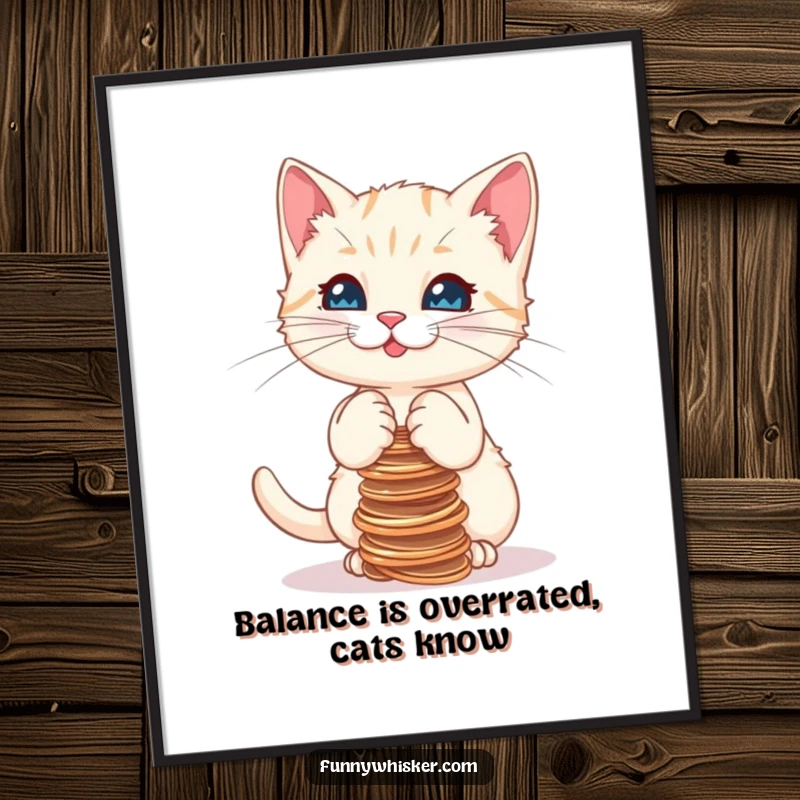 Funny Free Printable Wall Art: A kitten hilariously struggles to keep a stack of wobbly strings from falling.