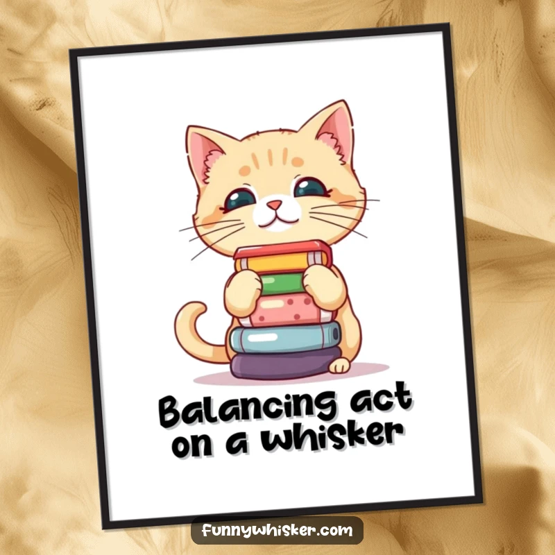 Funny Free Printable Wall Art: A cat tries to balance a pile of objects on its whiskers.