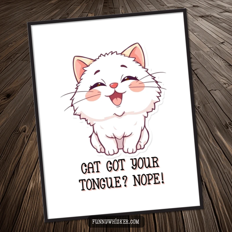 Funny Free Printable Wall Art: Fluffy cat character with oversized whiskers wiggling with pure delight, downloadable art.