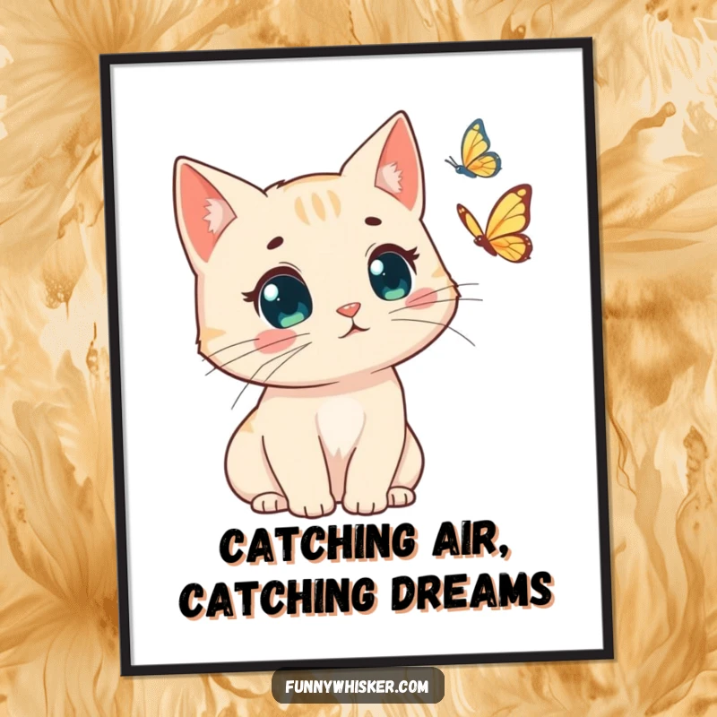 Funny Free Printable Wall Art: A cat with dramatically windswept whiskers looks astonished at a fluttering butterfly.