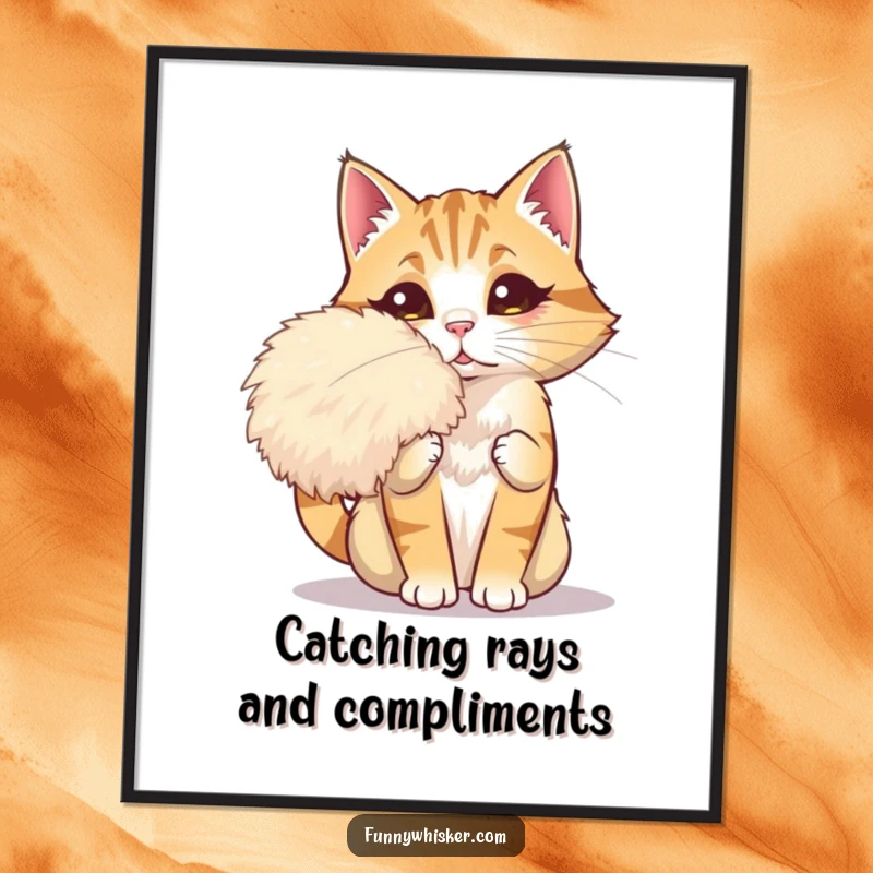 Funny Free Printable Wall Art of a dramatic cat fanning itself with a giant, fluffy whisker. Downloadable art.