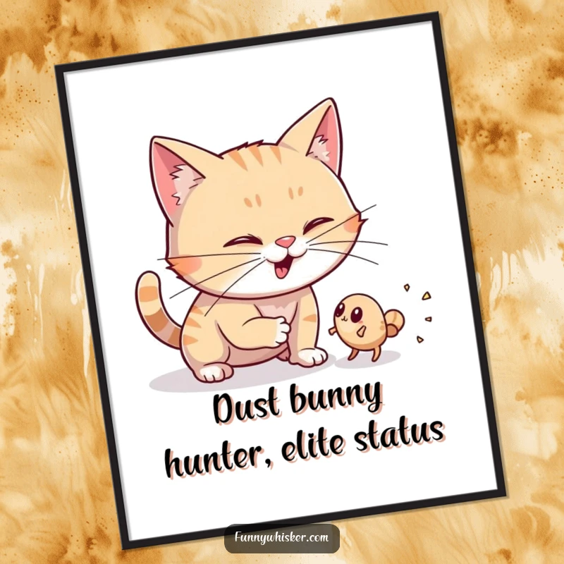 Funny Free Printable Wall Art: Cat with exaggerated whiskers hunting a dust bunny, humorous downloadable art.
