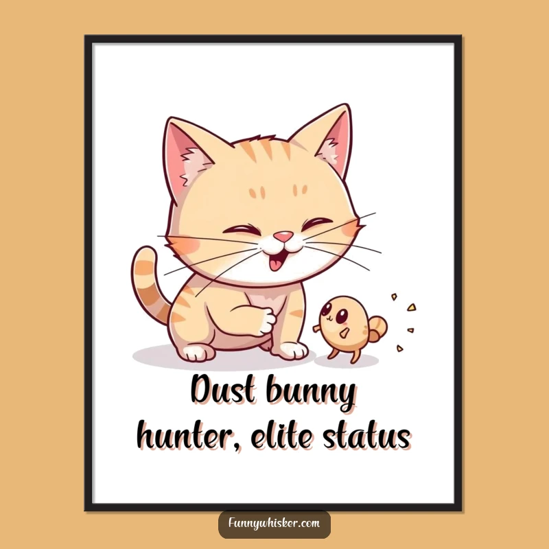Comical Free Printable Wall Art: Dust Bunny Hunter Cat, Humorous Downloadable Decor
