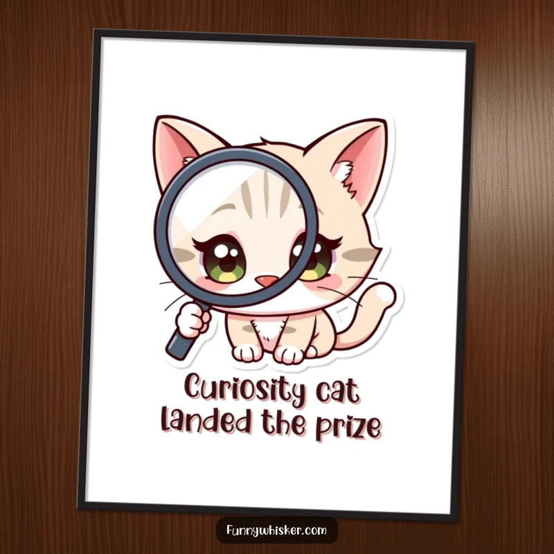 Funny Free Printable Wall Art: A cat character with large, inquisitive eyes peers intently through a magnifying glass at an unseen object.