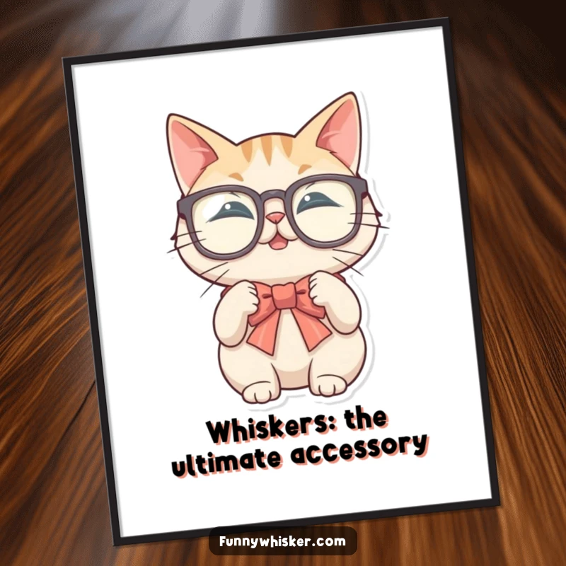 Funny free printable wall art: A cat in oversized glasses comically struggles to tie a bow tie with its whiskers.
