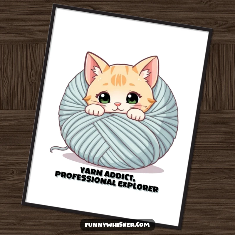 Funny Free Printable Wall Art, curious cat with twitching whiskers peeking from behind a giant ball of yarn, whimsical decor.