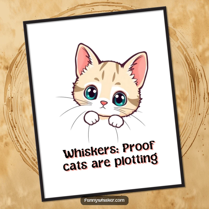 Funny Free Printable Wall Art: A tiny cat peeking curiously from behind an enormous whisker, whimsical home decor.