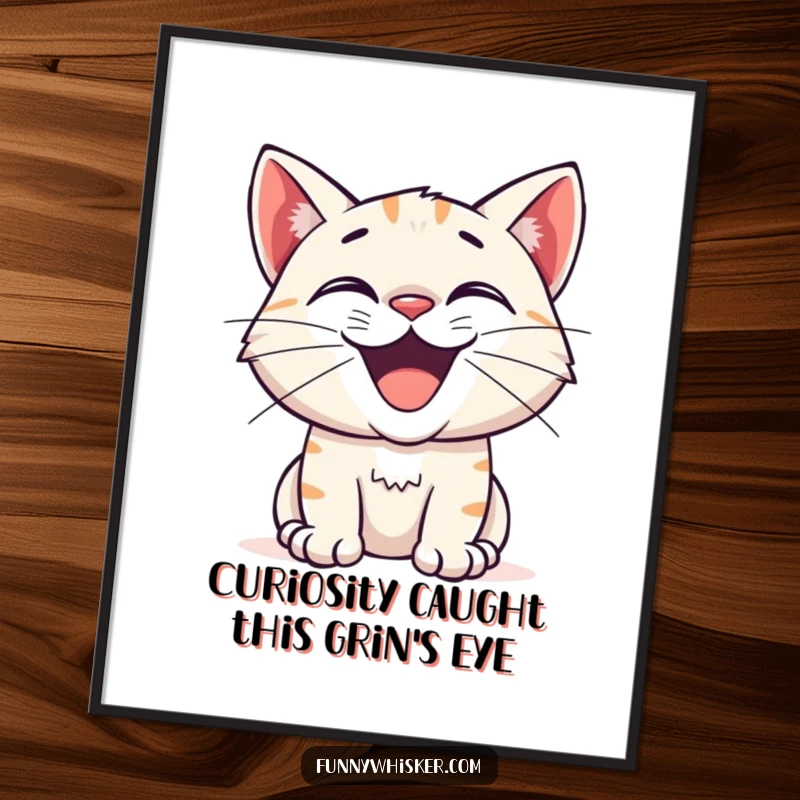 Funny Free Printable Wall Art: A cat beaming with an excited, wide grin, whiskers twitching with sheer curiosity and happiness.