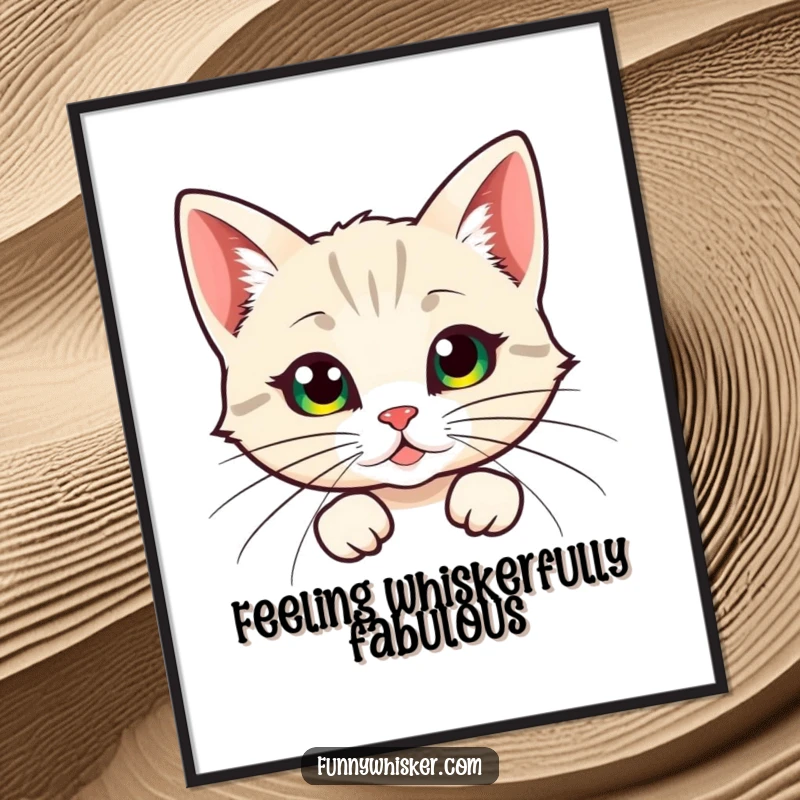 Funny Free Printable Wall Art: A whimsical cat peeking from behind its massive, feathery whiskers, adding humorous charm to any room.