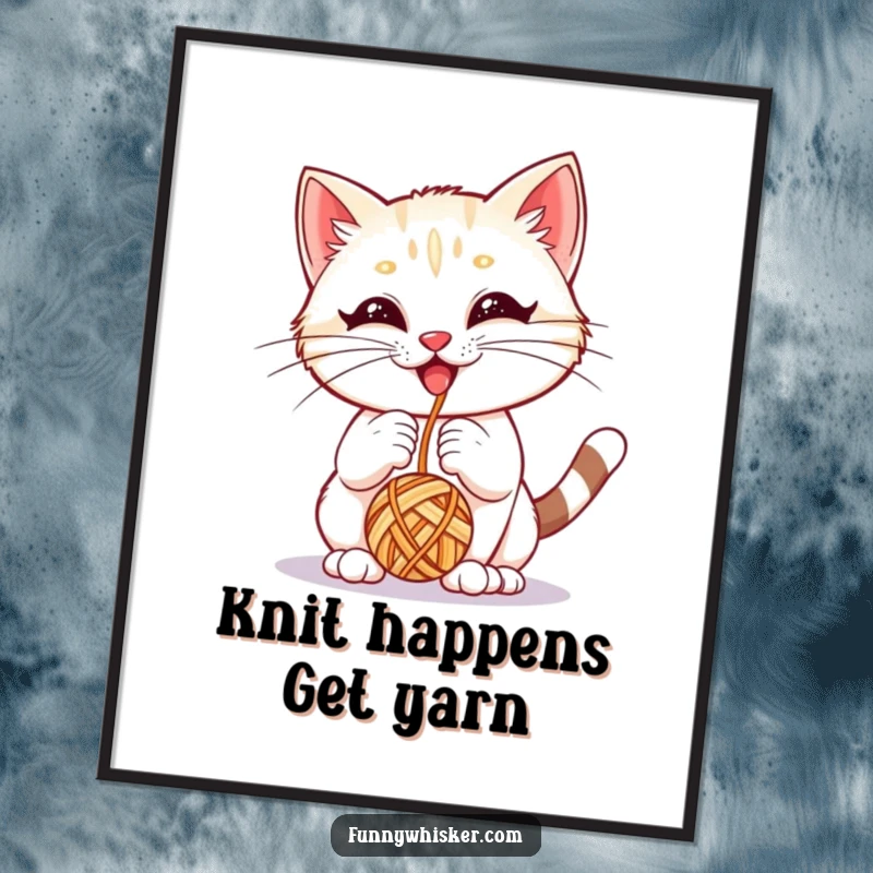Funny free printable wall art: A cute kitten with exaggerated whiskers joyfully bops a colorful yarn ball.