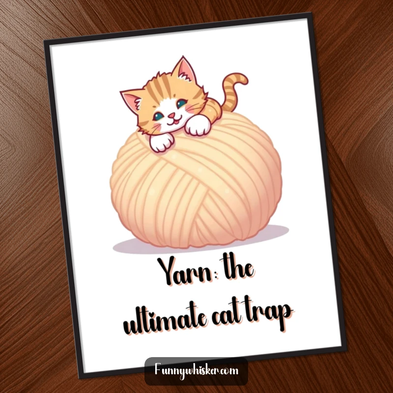 Funny Free Printable Wall Art: A cat in a dynamic, playful pounce towards a giant, fluffy ball of yarn. Energetic and cute.