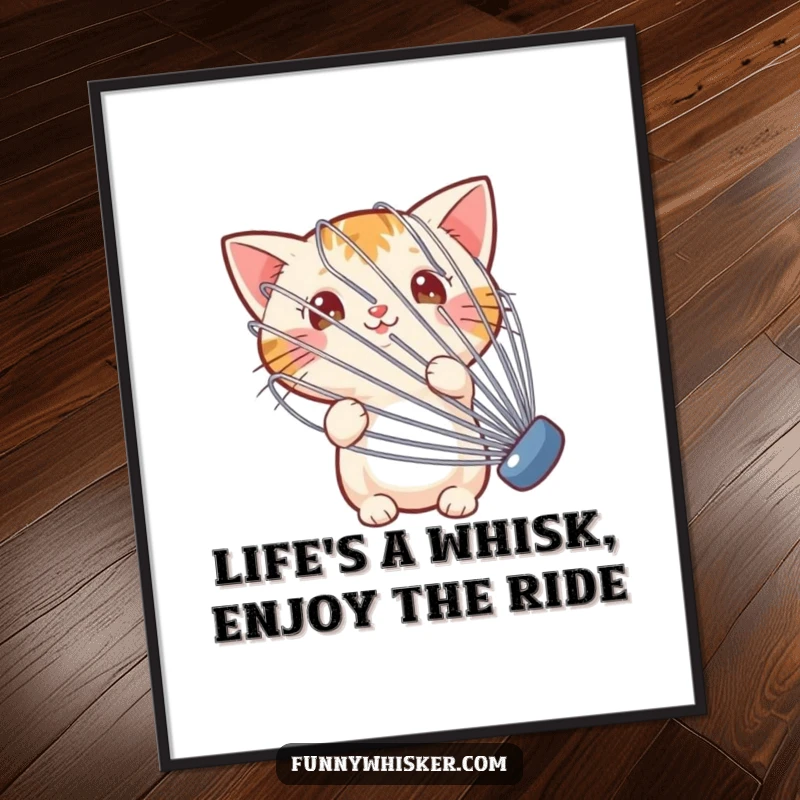 Funny free printable wall art: A tiny cat curiously peeks from behind a huge, jiggly whisk. Hilarious downloadable art.