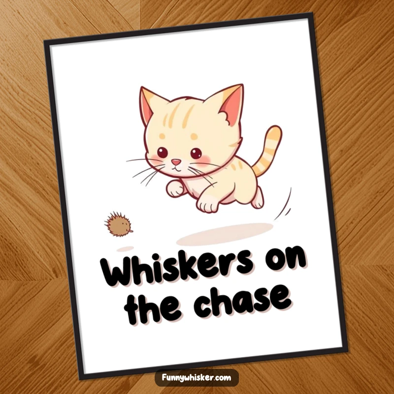 Funny Free Printable Wall Art: A cat enthusiastically chases a dust bunny, whiskers flowing, adding playful energy.