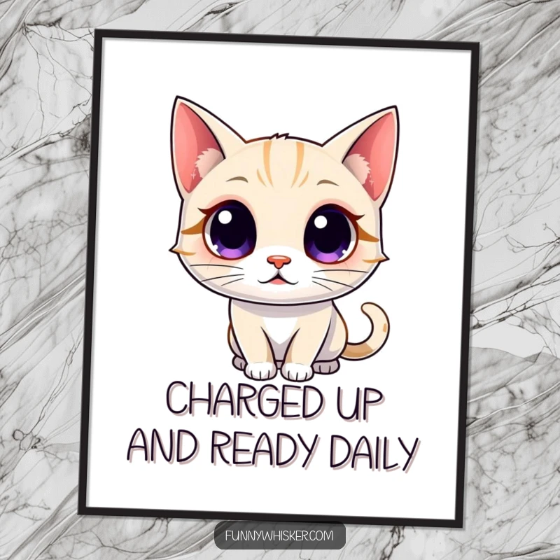 Funny Free Printable Wall Art: A cat's whiskers glow intensely with cartoon energy, eyes wide.