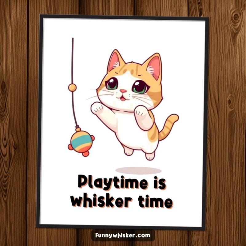 Funny Free Printable Wall Art: Cat with oversized twitching whiskers leaping for a dangling toy, energetic and fun decor.